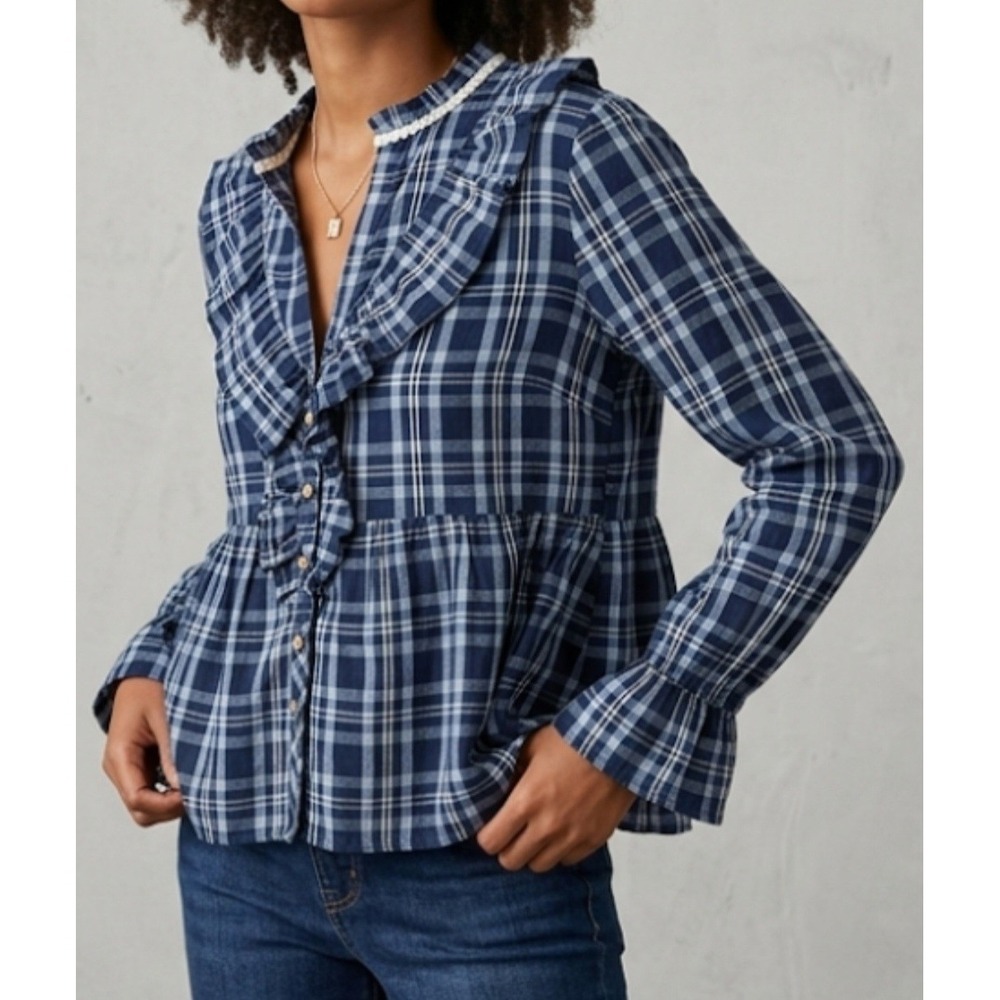 Bunulu Plaid Ruffle Blouse distinctive Western design with ruffled trim‎ along L